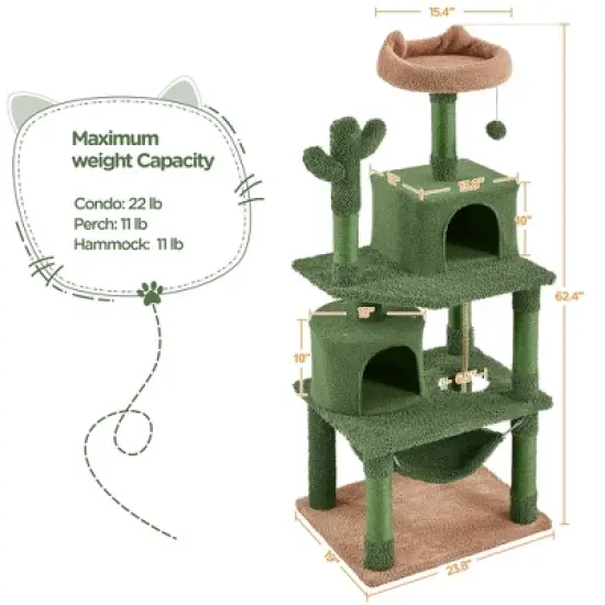 Yaheetech 62.5" H Cat Tree Cat Tower with Natural Sisal for Small- to Medium-sized Cats Green/Brown image {2}
