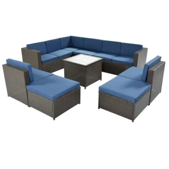 9pc Wicker Patio Sectional Seating Set with Cushions - Brown/Blue - GODEER image {3}