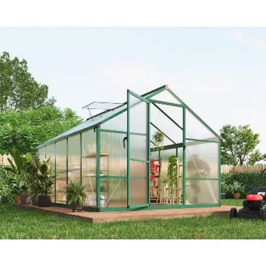 8x10 FT Aluminum Large Walk-in Green House Polycarbonate Greenhouse with Roof Vent Ground Nails Lockable Push Door image {10}