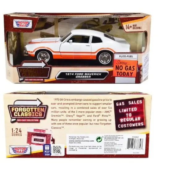 1974 Ford Maverick Grabber White with Orange Stripes "Forgotten Classics" Series 1/24 Diecast Model Car by Motormax image {2}