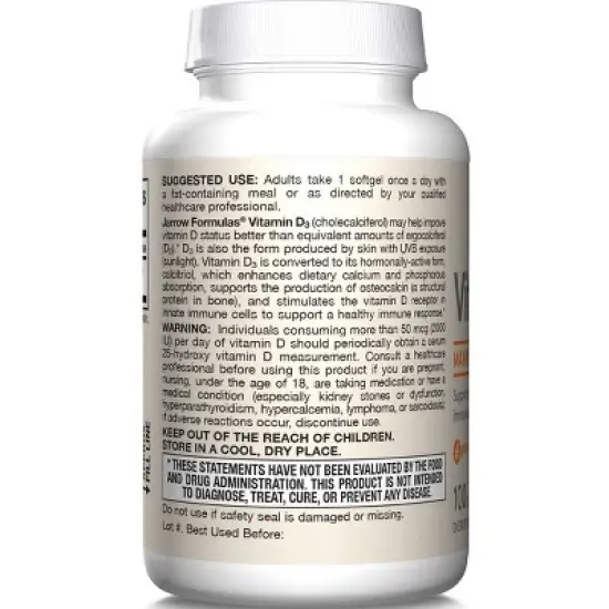 Jarrow Formulas, Inc. Vitamin D3 Maximum Strength 125 mcg (5,000 Iu) 100 Sgels image {2}