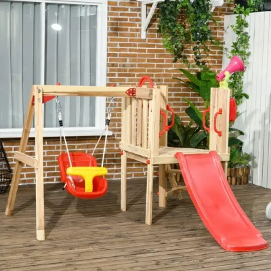 Outsunny 4-in-1 Wooden Swing Set, Kids Outdoor Playset with Swing, Slide, Horn, Steering Wheel, Toddler Playground Set for 18-48 Months, Red image {1}
