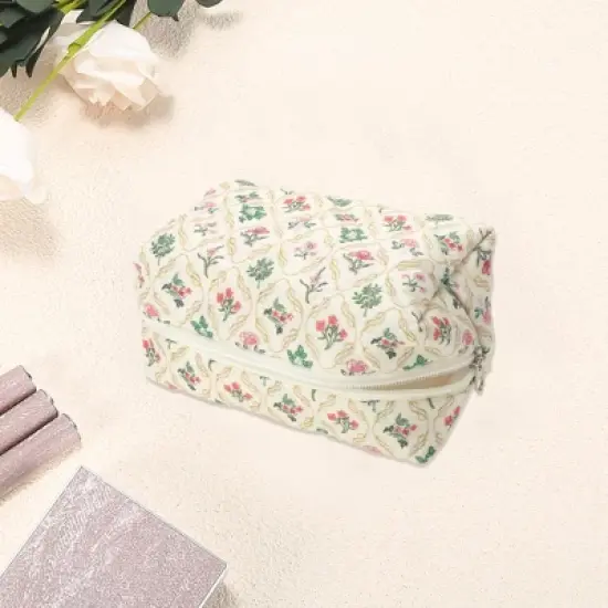 Unique Bargains Quilted Square Flower Makeup Bags Pink Green 1 Pc image {2}
