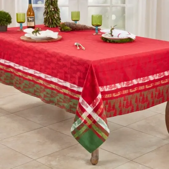 Saro Lifestyle Classic Plaid Christmas Tree Design Holiday Cotton Table Topper Tablecloth image {2}