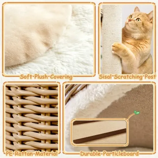 Yaheetech 36&Prime; Tall Rattan Cat Tree with Natural Sisal Scratching Post, Hanging Ball, Condo, Basket, Clear Bowl image {4}
