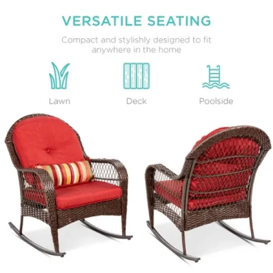 Best Choice Products Outdoor Wicker Rocking Chair for Patio, Porch w/ Steel Frame, Weather-Resistant Cushions - Red image {4}