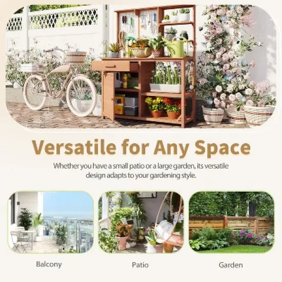 Garden Potting Bench Table Outdoor Patio Workstation with Drawer, Shelves, Cabinet, Pegboard with Hooks, Fir Wood Frame,Natural/White/Brown-ModernLuxe image {2}