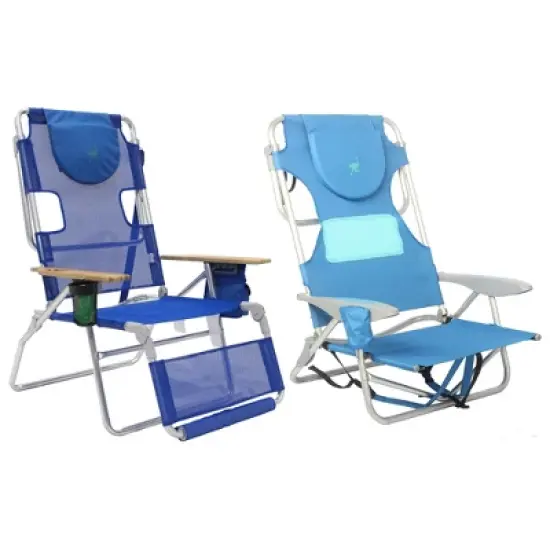 Ostrich Altitude 3N1 Lounge Reclining Chair and Ladies Comfort On-Your-Back Lightweight Outdoor Beach Chair w/Backpack Strap, Blue image {6}