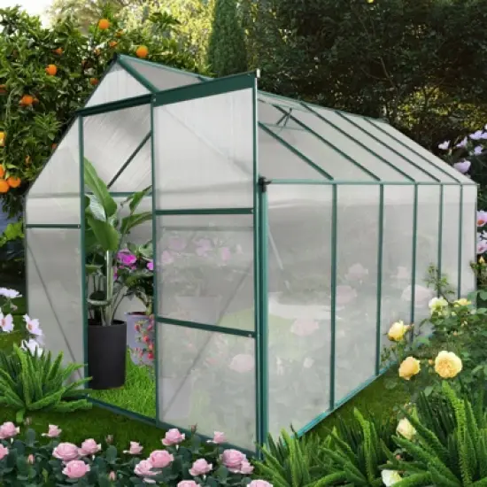 6x12FT Polycarbonate Greenhouse, Heavy Duty Aluminum Walk-in Greenhouses with Sliding Door & Raised Base, Plant Greenhouse for Outdoor Garden Backyard image {9}