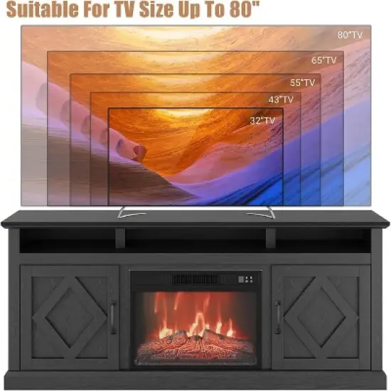 Acekool 67" Fireplace TV Stand - Built-in 23" Heater with Adjustable LED Flames, Glass Doors & Remote for Living Room image {2}