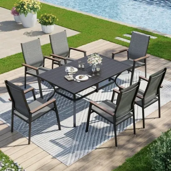 Captiva Designs 7pc Patio Dining Slat-top Rectangle Table & Textilene Chairs with Wood-like Armrests image {17}