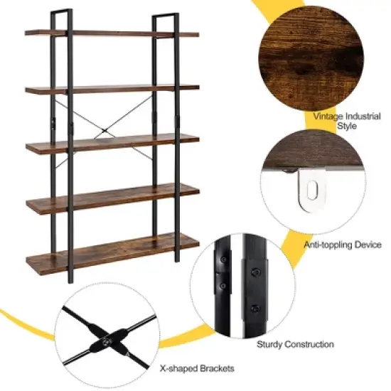 Costway 5-Tier Bookshelf Industrial Bookcase Open Storage Shelf Display Rack image {6}