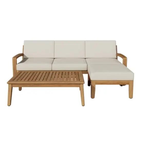 78" Outdoor Patio L-Shaped Acacia Wood Sectional Sofa Set with Coffee Table and Ottoman image {3}