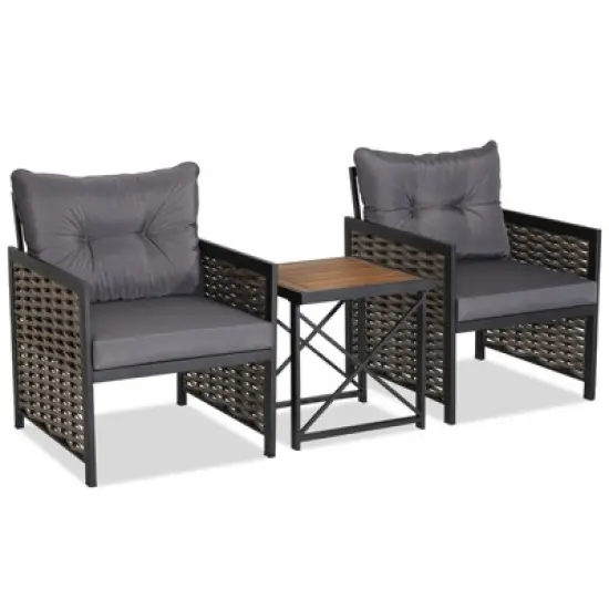 Tangkula 3PCS Rattan Furniture Set Acacia Wood Coffee Table & 2 Chairs Backyard Patio image {2}