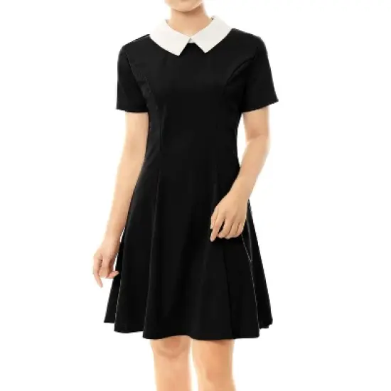Allegra K Women's Contrast Doll Collar Short Sleeves Above Knee Flare Dress image {6}