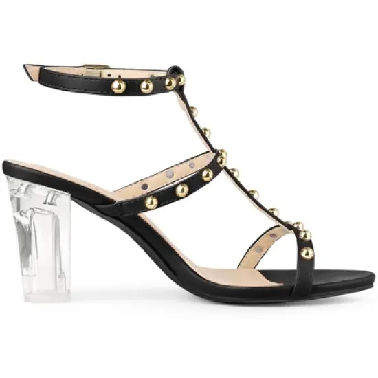Perphy Studded Heel Ankle T-Strap Chunky Clear Heels Sandals for Women image {5}