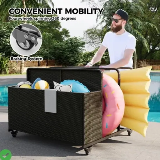 Outdoor Rolling PE Rattan Pool Caddy Wicker Patio Poolside Float Storage Organizer for Floaties Noodles Life image {7}