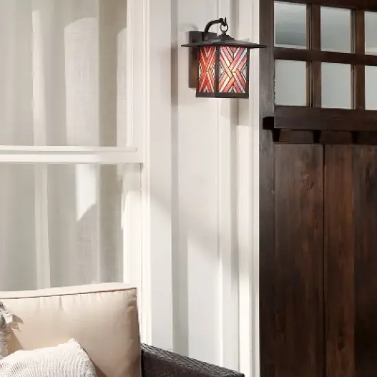 11.75" Stained Glass 1-Light Geometric Bronze Outdoor Lantern Wall Sconce - River of Goods image {2}