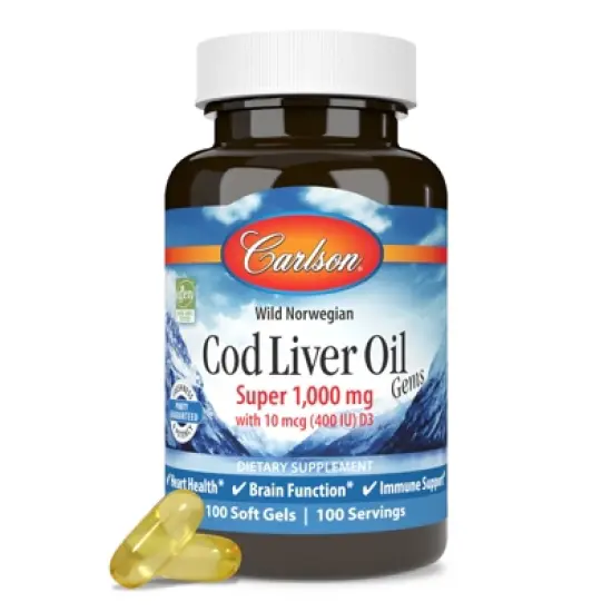 Carlson - Cod Liver Oil Gems, Super 1000 mg, 250 mg Omega-3s + A & D3, Norwegian, Wild Caught image {3}