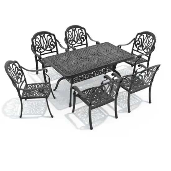 7-Piece Cast Aluminum Outdoor Dining Set: Rectangle Table, Stackable Chairs & Brown Cushions - All-Weather Patio Furniture for Your Backyard image {2}
