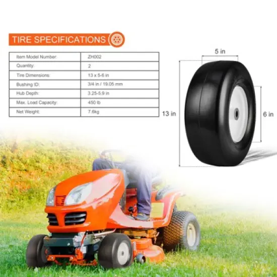 VEVOR Lawn Mower Tires with Rim, 13x5-6" Tubeless Tractor Tires, 2-Pack Tire and Wheel Assembly, Flat-free PU Tires, 3.25"-5.9" Centered Hub, Black image {7}