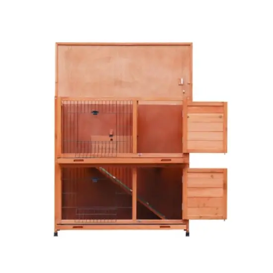 GDFStudio Longman Outdoor 41" Metal and Wood 2-Story Rabbit Hutch with Non-Slip Ramp and 2 Removable Trays image {3}