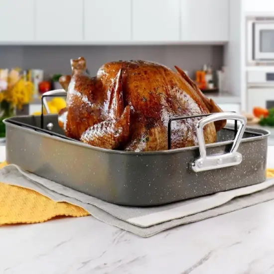 Gibson Greystone 2 Piece Carbon Steel 16.25in. Turkey Roaster Set in Speckled Grey image {6}