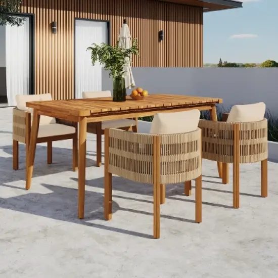 Christopher Knight Home Corin Elara 5 Piece Patio Acacia Wood Woven Rope Dining Set with Slatted Table and Cushions image {11}