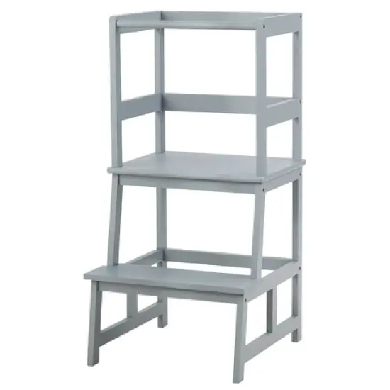 Costway Kids Kitchen Step Stool Wooden Toddler Stand Helper w/ Safety Rail Gray\Brown image {11}