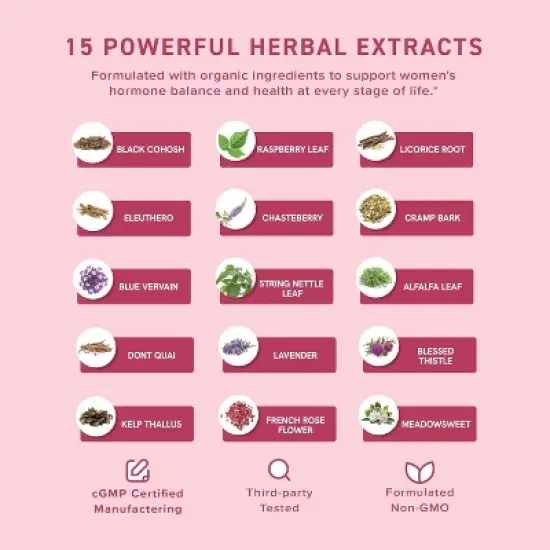 Women's Hormone Balance Liquid Drops, Menstrual Herbal Support for Menopause, Hot Flash, & PMS Relief, SMNutrition, 2 floz image {3}