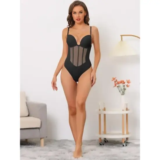 Allegra K Women's Mesh Panel Tummy Control Sculpting Leotard with Adjustable Straps image {3}