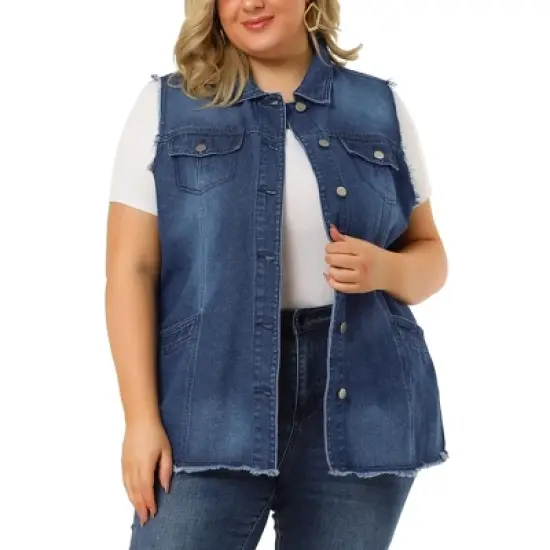 Agnes Orinda Women's Plus Size Denim Button Down Raw Hem Denim Vests image {11}