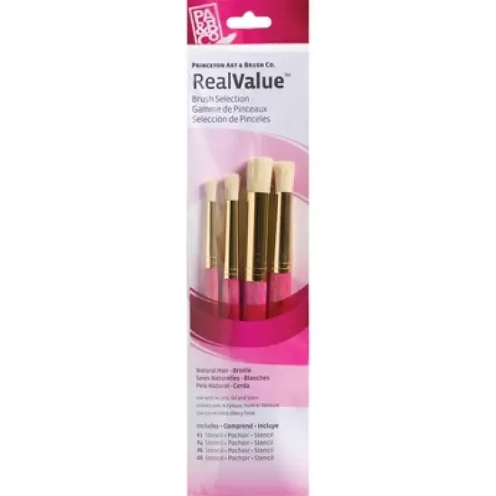 Princeton RealValue Stencil Brush Set, Natural Bristles, Short Handle Mixed Media Paintbrush, Pink, 4 Per Set, 3 Sets image {1}