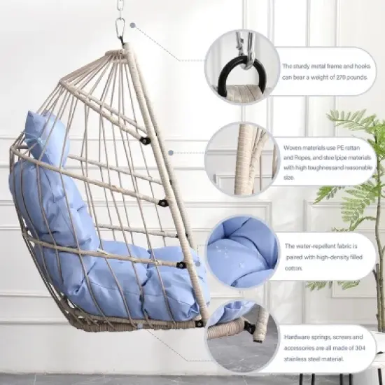 Hanging Egg Chair with Stand Kit,Foldable PE Rattan Swing Seat with Cushion and Pillow,Outdoor Hanging Chair for Patio or Balcony-Maison Boucle image {4}