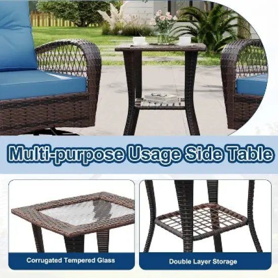 3 Pieces Outdoor Swivel Patio Rocking Chairs, Outdoor Wicker Patio Furniture, 2 Glider Chairs & Side Table, for Backyard, Garden, Balcony, Deck image {6}