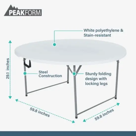 Peakform Round Multipurpose Banquet Table Lightweight Durable Folding Desk with Secure Base for Indoor and Outdoor Events, 60 Inch, White image {2}