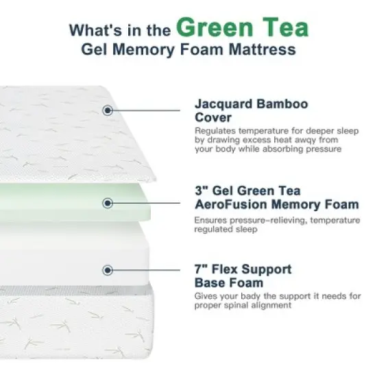 Resenkos Twin Size Memory Foam Mattress in a Box, 3" Gel Green Tea AeroFusion Memory Foam, 7" Flex Support Base Foam, Soft Touch, Dreamer 10", image {2}