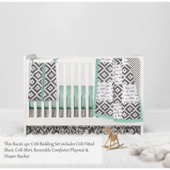 Bacati - Love Aztec Design/Print Gray Mint 4 pc Crib Bedding Set with Diaper Caddy image {2}