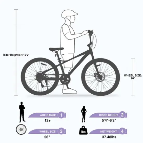 NAYSAYE Bicycle Freestyle Kids Bike Double Disc Brakes 26 Inch for Boys and Girls for Adventure, Purple, 68.8"*26.77"*47.6" image {4}