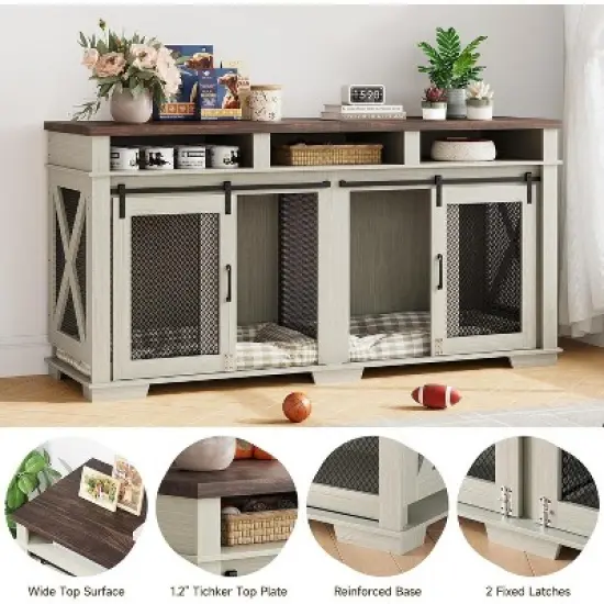 Dog Crate Furniture for 2 Dogs, 71" Double Kennel TV Stand with Divider and Barn Doors, Indoor Dog Cage image {5}