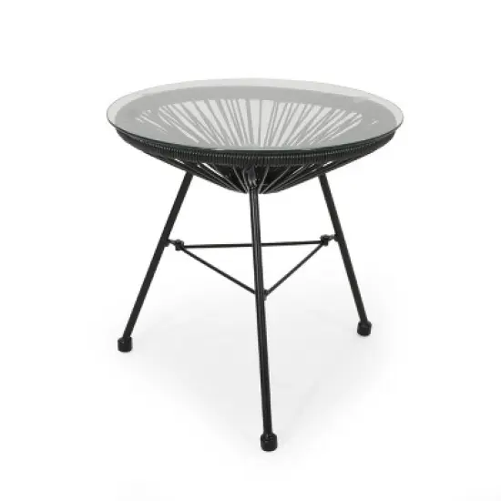 GDFStudio Carver Outdoor Wicker Wrapped Glass Top Side Table image {7}