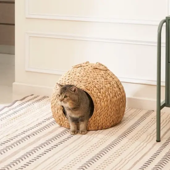 18" x 18" x 18" Gertrude Water Hyacinth Woven Wicker Round Cat Bed Cave with Handles for Any Size Cat Breeds, Chihuahua and Use with Cat Tower image {1}