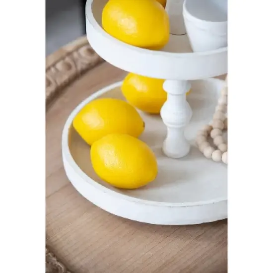 D11.8x15.4in Two-Tiered Round Wooden Tray, White image {3}