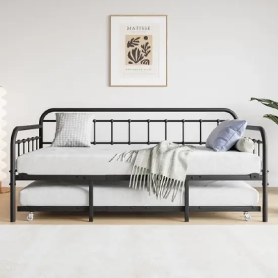 Twin Size Metal Daybed Frame with Trundle, Heavy Duty Steel Slat Support Sofa Bed Platform with Headboard, No Box Spring Needed, Black image {11}