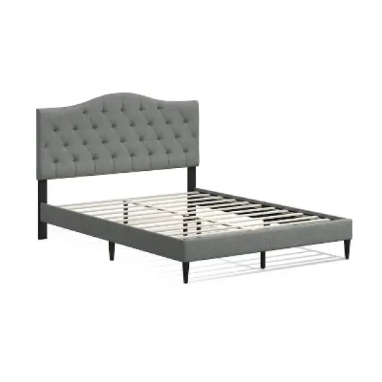 Glenwillow Home Oros Upholstered Platform Bed, Tufted Camelback, Mattress Foundation, Wood Slat Support, No Box Spring Needed, Stone, Queen image {1}