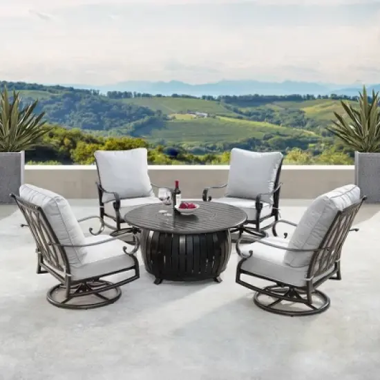 5pc Set with 44" Outdoor Aluminum Round Fire Table & 4 Deep Seating Swivel Rocking Chairs & Wind Blocker Lid - Oakland Living image {1}
