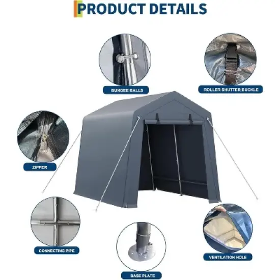 Acekool 7x10 FT Portable Outdoor Storage Shed, Dual Roll-Up Zipper Doors, Heavy-Duty Waterproof PE Tarp, UV-Resistant Shelter for Tools, Gray image {1}