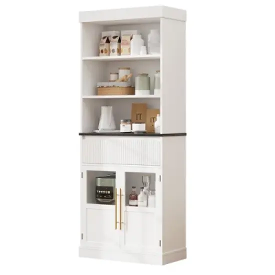 70" Tall Kitchen Pantry Cabinet, Storage Cabinet with Fluted Drawer & Glass Doors, Floor Cabinet for Office, Living Room, Entryway image {9}