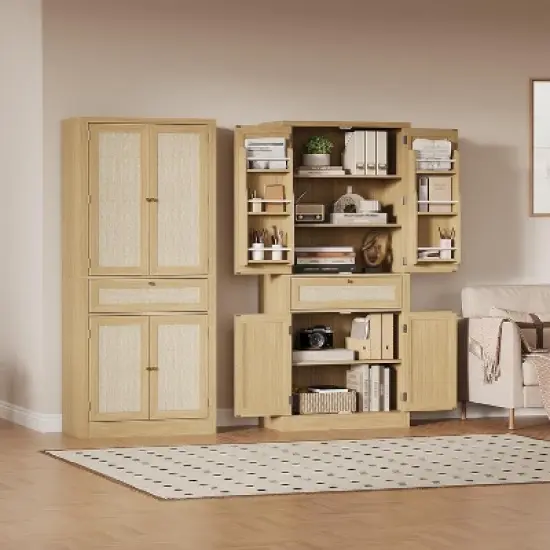72-Inch Tall Rattan Kitchen Pantry Cabinet with Drawer, Adjustable Shelves, Farmhouse Style Cupboard Storage, For Kitchen, Dining Room, Bathroom image {5}