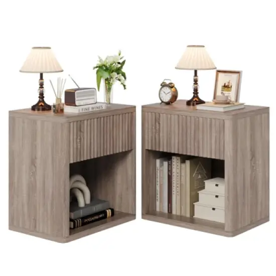Wooden Night Stand Set of 2, Large Modern Farmhouse Wood Nightstands with Fluted Drawers, Bedside End Tables Storage Side image {2}
